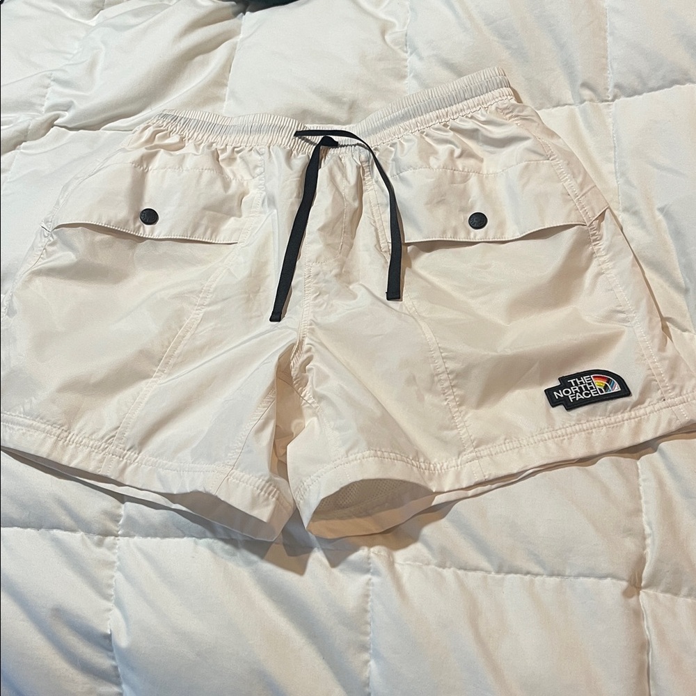 The North Face Women’s TNF Outline Shorts GARDENIA WHITE Pride Logo Rainbow Logo - Picture 3 of 10